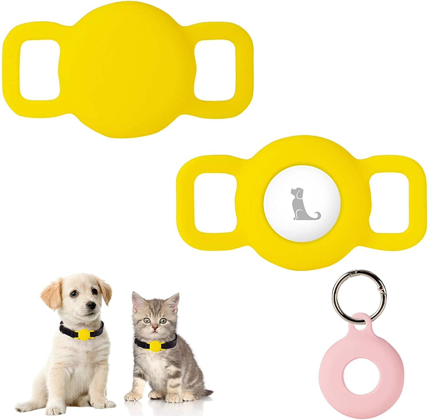 Puppydoggy 2 Pack Airtag Dog Collar Holder for Dog Cat Tracker, Silicone Airtag Case Waterproof Scratch-Resistant, Anti-Lost & 1 Pack Airtag Keychain Holder for Pet Collar, Bag (Small, Yellow)