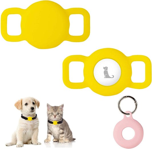 Puppydoggy 2 Pack Airtag Dog Collar Holder for Dog Cat Tracker, Silicone Airtag Case Waterproof Scratch-Resistant, Anti-Lost & 1 Pack Airtag Keychain Holder for Pet Collar, Bag (Small, Yellow) Electronics > GPS Accessories > GPS Cases PuppyDoggy Yellow Small 