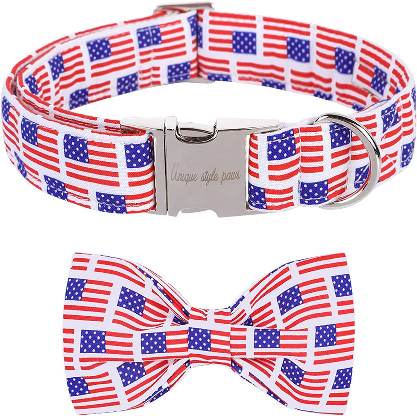 Unique Style Paws Dog Collar with Bow, Bowtie Dog Collar Adjustable Collars for Small Medium Large Dogs and Cats Animals & Pet Supplies > Pet Supplies > Dog Supplies > Dog Apparel Unique style paws Amercian Flag X-Large (Pack of 1) 