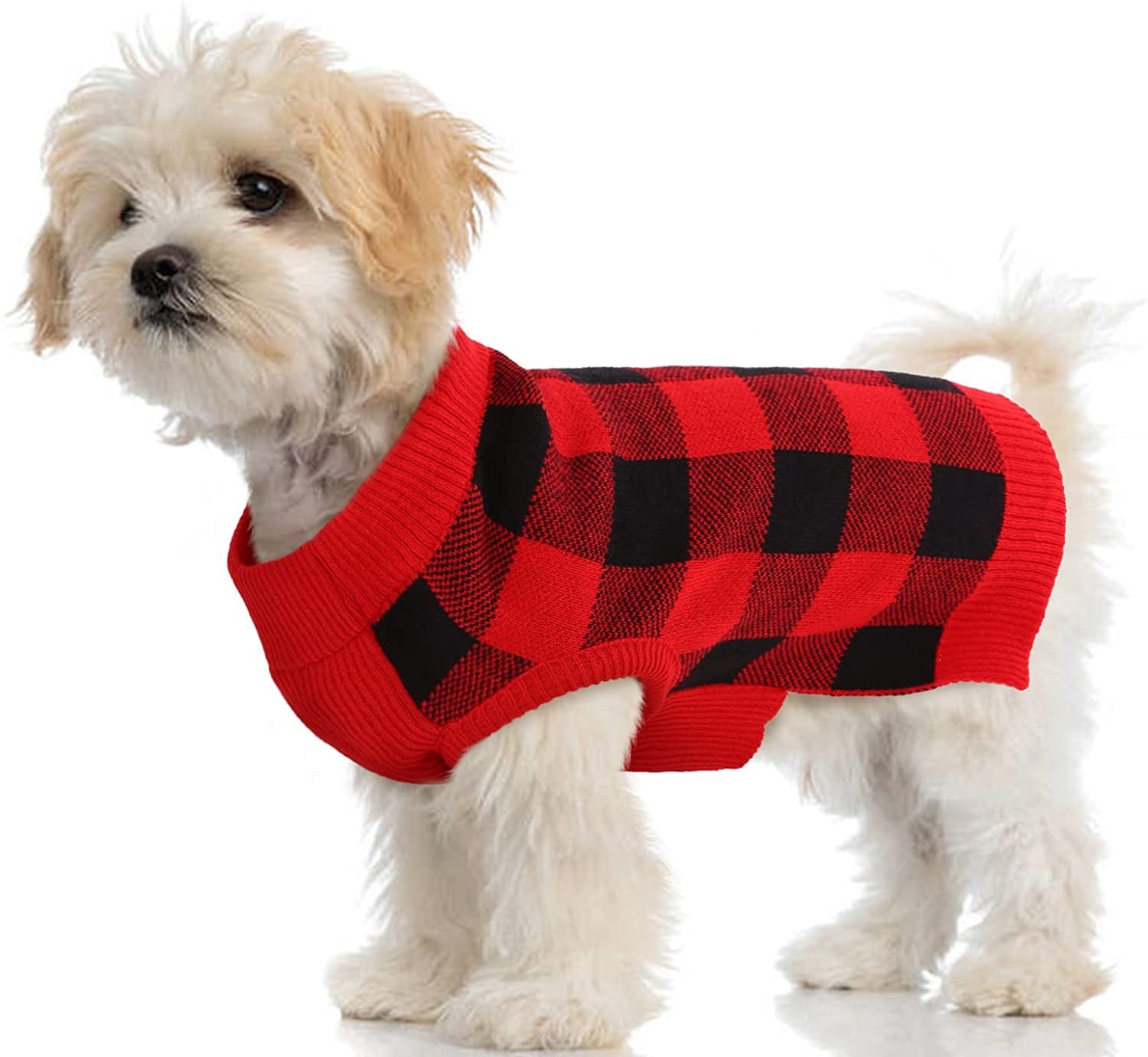 Classic Plaid Dog Sweater with Leash Hole, Warm Stretchy Knitwear for Small Medium Dog, Soft Jacquard Knit Pullover with Elastic High Collar for Spring Fall Winter Christmas Cold Weather Daily Wear Animals & Pet Supplies > Pet Supplies > Dog Supplies > Dog Apparel PUMYPOREITY Red/Black Small 