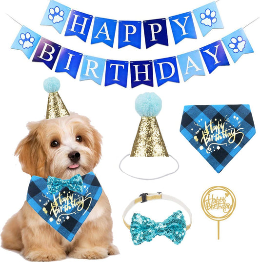 ADOGGYGO Dog Birthday Boy Bandana - Dog 1St Birthday Party Supplies - Dog 1St Birthday Hat Scarf Happy Birthday Banner Dog Boy First Birthday Outfit for Dogs Pets (Blue Hat&Scarf&Collar&Banner) Animals & Pet Supplies > Pet Supplies > Dog Supplies > Dog Apparel ADOGGYGO blue  