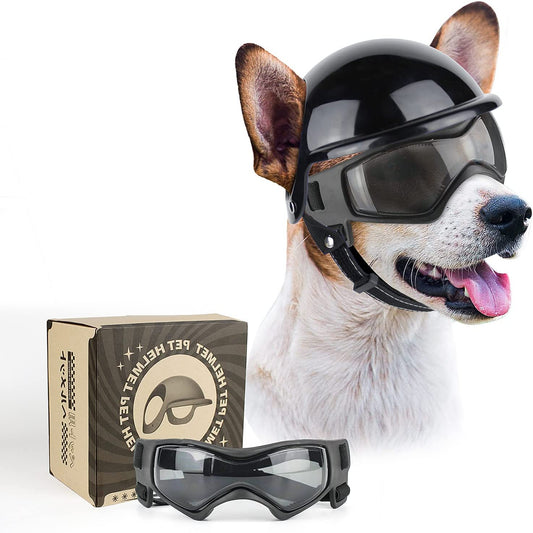 PETLESO Dog Goggles for Small Dogs with Helmet, 2Pcs Dog Sunglasses and Hemet Set for Small Medium Dog Outdoor Driving Walking, Black Animals & Pet Supplies > Pet Supplies > Dog Supplies > Dog Apparel PETLESO Black  