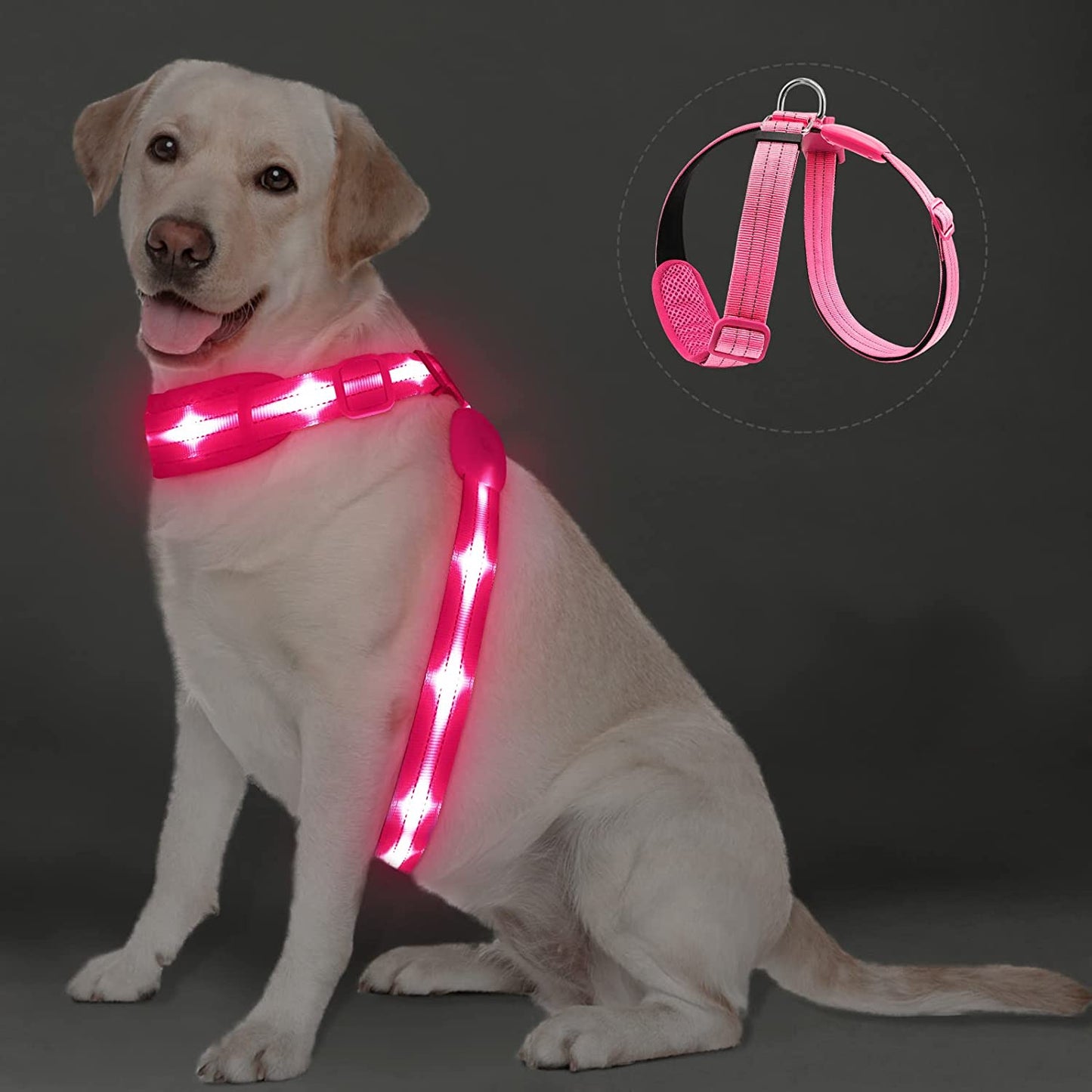 Pzrlit LED Light up Dog Vest Harness Rechargeable, Soft Padded, Adjustable & Reflective Lighted Dog Harness Waterproof, Glow Dark Dog Light Harness for Camping Night Safety Walking, Medium Blue Animals & Pet Supplies > Pet Supplies > Dog Supplies > Dog Apparel PZRLit Pink XL Neck+Chest≤175cm(68") 