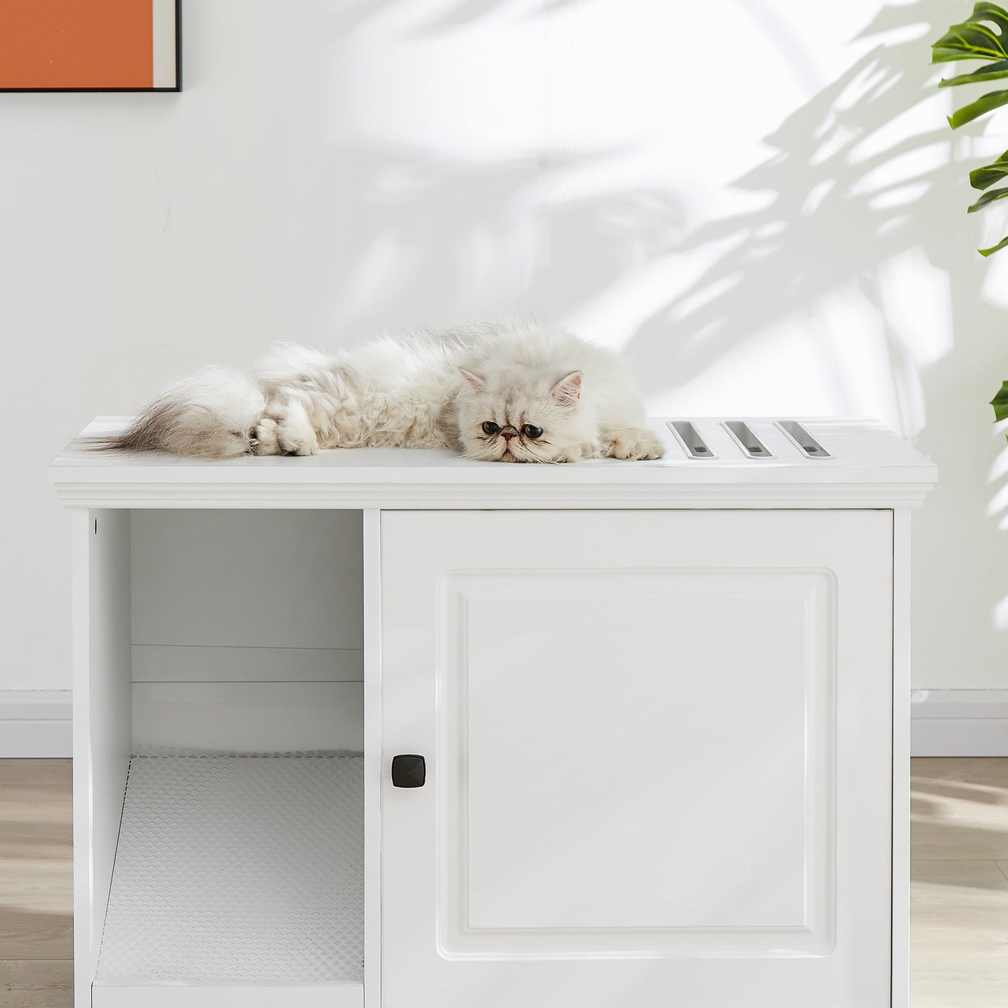 Roomfitters Cat Washroom Storage Bench with Cat Litter Box Enclosure Furniture in White Finish