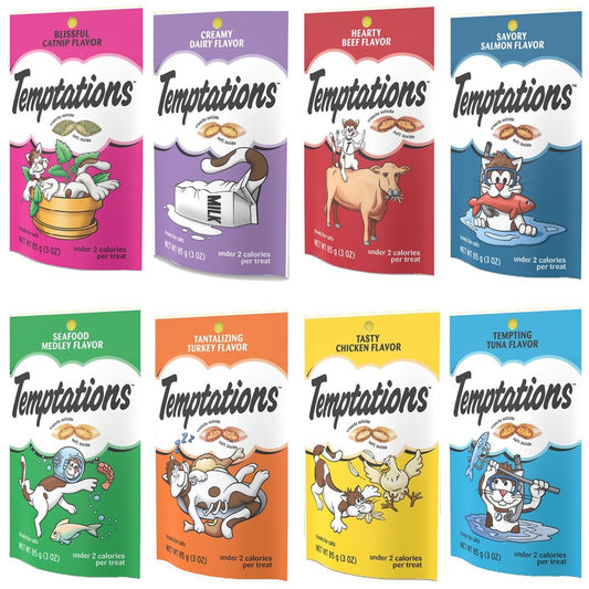 Temptation Classic Tasty Cat Treats Variety Pack 8 Flavors ( Tantalizing Turkey, Chicken, Hearty Beef, Tuna, Creamy Dairy, Blissful Catnip,Savory Salmon, Seafood Medley) 3Oz Each with Petlewa Box… Animals & Pet Supplies > Pet Supplies > Cat Supplies > Cat Treats Temptations   