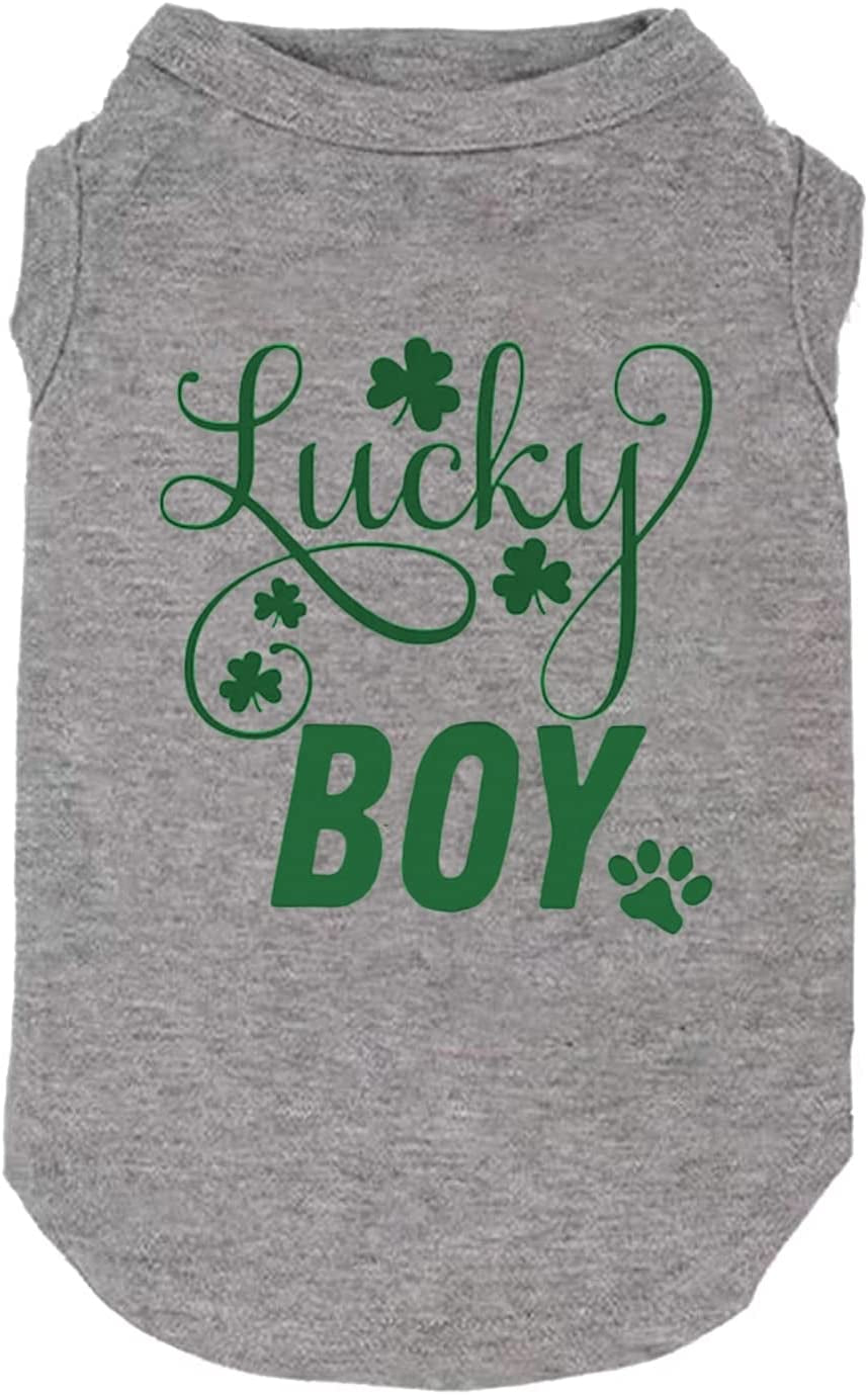 Dog Apparel Lucky Boy Letter Print Clover Shirts for Small Large Dog Vest Puppy Gift St Patrick'S Day Costume (Medium, Grey02)
