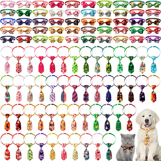 100 Pieces Christmas Holiday Dog Bow Tie Collar Set with 50 Dog Neckties and 50 Dog Bow Ties Adjustable Dog Bowties Neckties Collars Assorted Festival Pet Grooming Accessories for Dogs Cats
