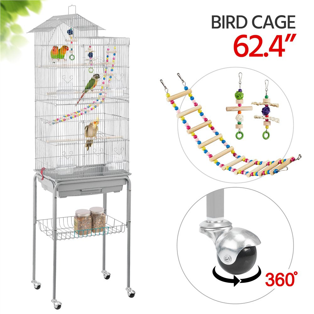 Topeakmart 62.5''H Rolling Metal Bird Cage Large Parrot Cage with with Detachable Stand & Toys, Light Gray Animals & Pet Supplies > Pet Supplies > Bird Supplies > Bird Cages & Stands Topeakmart Light Gray  