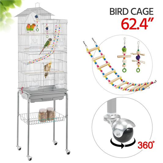 Topeakmart 62.5''H Rolling Metal Bird Cage Large Parrot Cage with with Detachable Stand & Toys, Light Gray Animals & Pet Supplies > Pet Supplies > Bird Supplies > Bird Cages & Stands Topeakmart Light Gray  