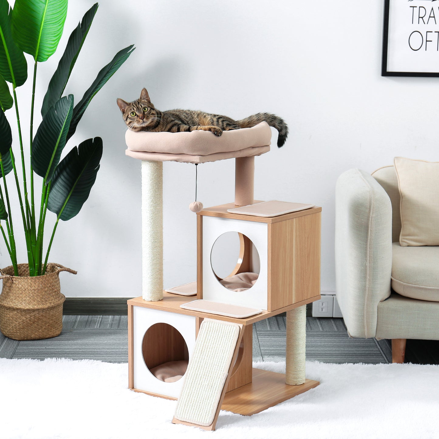 AUKFA Cat Tree Wood Cool Sisal Scratching Post Kitten Furniture Plush Condo Playhouse with Dangling Toys Cats Activity Centre Beige Animals & Pet Supplies > Pet Supplies > Cat Supplies > Cat Furniture AUKFA   