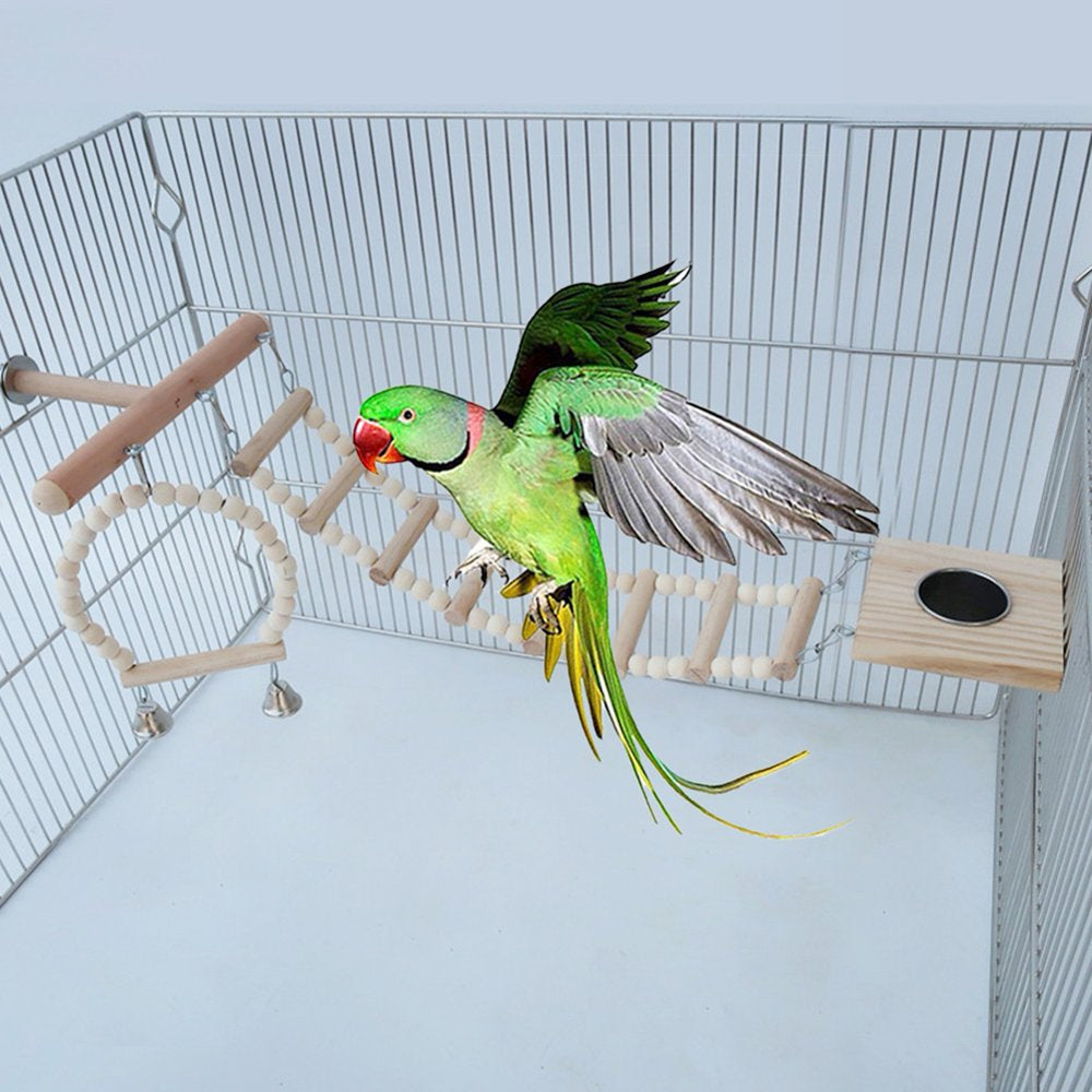 PERZOE 4Pcs Pet Bird Parrot Hamster Wood Bell Swing Perch Board Ladder Hanging Chew Toy