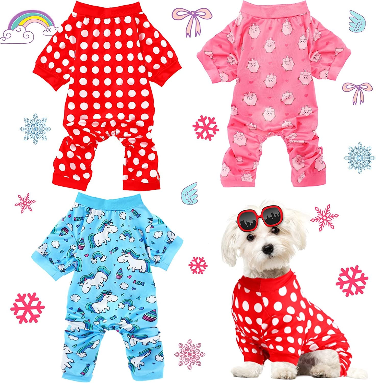 3 Pieces Dog Pajamas Puppy Onesies Soft Dog Pet Clothes Dog Jumpsuit Jammies for Small Medium Large Dogs Cute Apparel Bodysuits Dog Pjs for Girl and Boy, 3 Styles(S Fits 3.3-5.5 Lbs) Animals & Pet Supplies > Pet Supplies > Dog Supplies > Dog Apparel Frienda M Fits 5.5-7.7 lbs  