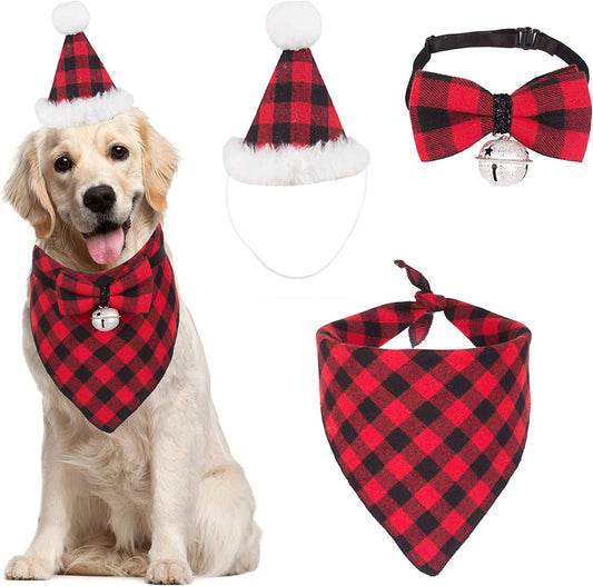 ADOGGYGO Christmas Dog Bandana Hat Bow Tie Set - Classic Plaid Pet Scarf Triangle Bibs Dog Christmas Costume Decoration Accessories for Small Medium Dogs Cats Pets (Large, Red) Animals & Pet Supplies > Pet Supplies > Dog Supplies > Dog Apparel ADOGGYGO Red X-Large 