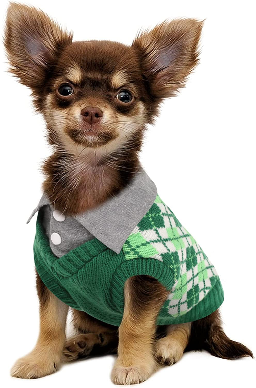 LETSQK Dog Sweater Dog Knitted Pet Clothes Classic Dog Winter Outfit with Plaid Argyle Patterns Warm Dog Sweatshirt with Polo Collar for Small Medium Puppies Dogs Cats, Green, L Animals & Pet Supplies > Pet Supplies > Dog Supplies > Dog Apparel LETSQK   