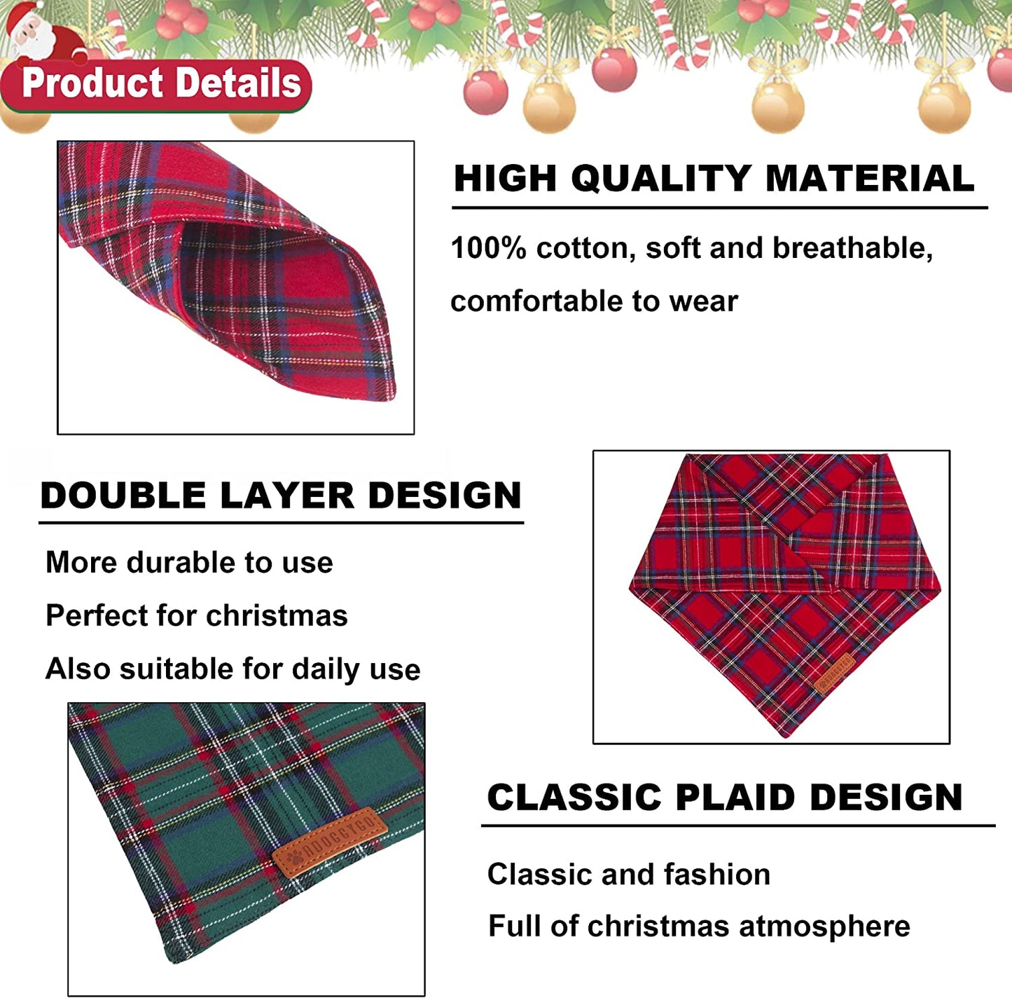 Adoggygo Christmas Dog Bandana 2 Pack, Stylish Plaid Dog Scarf, Premium Cotton Fabric, Multiple Sizes Offered, Christmas Bandanas for Medium Large Dogs Pets (Large) Animals & Pet Supplies > Pet Supplies > Dog Supplies > Dog Apparel ADOGGYGO   