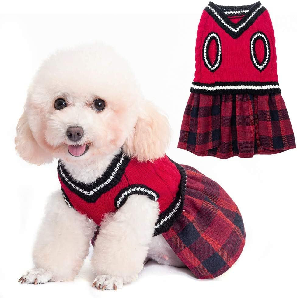 BINGPET Dog Sweater Dress - Plaid Pattern - Warm Pullover with Leash Hole V-Neck Knitwear Pet Sweater Cat Knitted Dress One-Piece Dress for Small to Medium Dog and Cat Animals & Pet Supplies > Pet Supplies > Dog Supplies > Dog Apparel BINGPET Red Small 