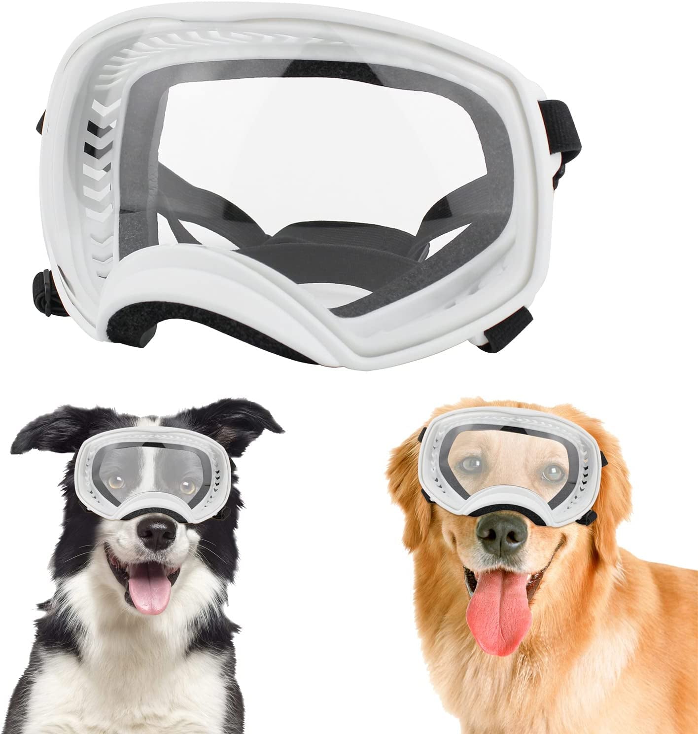 NAMSAN Clear Dog Goggles Medium Large Dog Sport Sunglasses UV Protection Soft Pet Goggles Deep Eyecups Fog/Windproof Outdoor Eyewear for Medium-Large Dogs, Black Animals & Pet Supplies > Pet Supplies > Dog Supplies > Dog Apparel Namsan White  