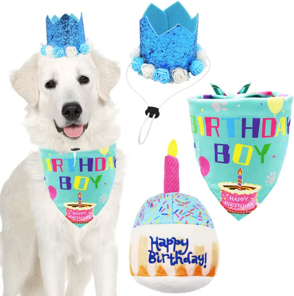 Dog Birthday Bandana Boy Scarf and Crown Dog Birthday Hat, Flower Headwear for Medium to Large Dogs Blue Animals & Pet Supplies > Pet Supplies > Dog Supplies > Dog Apparel Barleygoo Blue Birthday Boy with Toy 