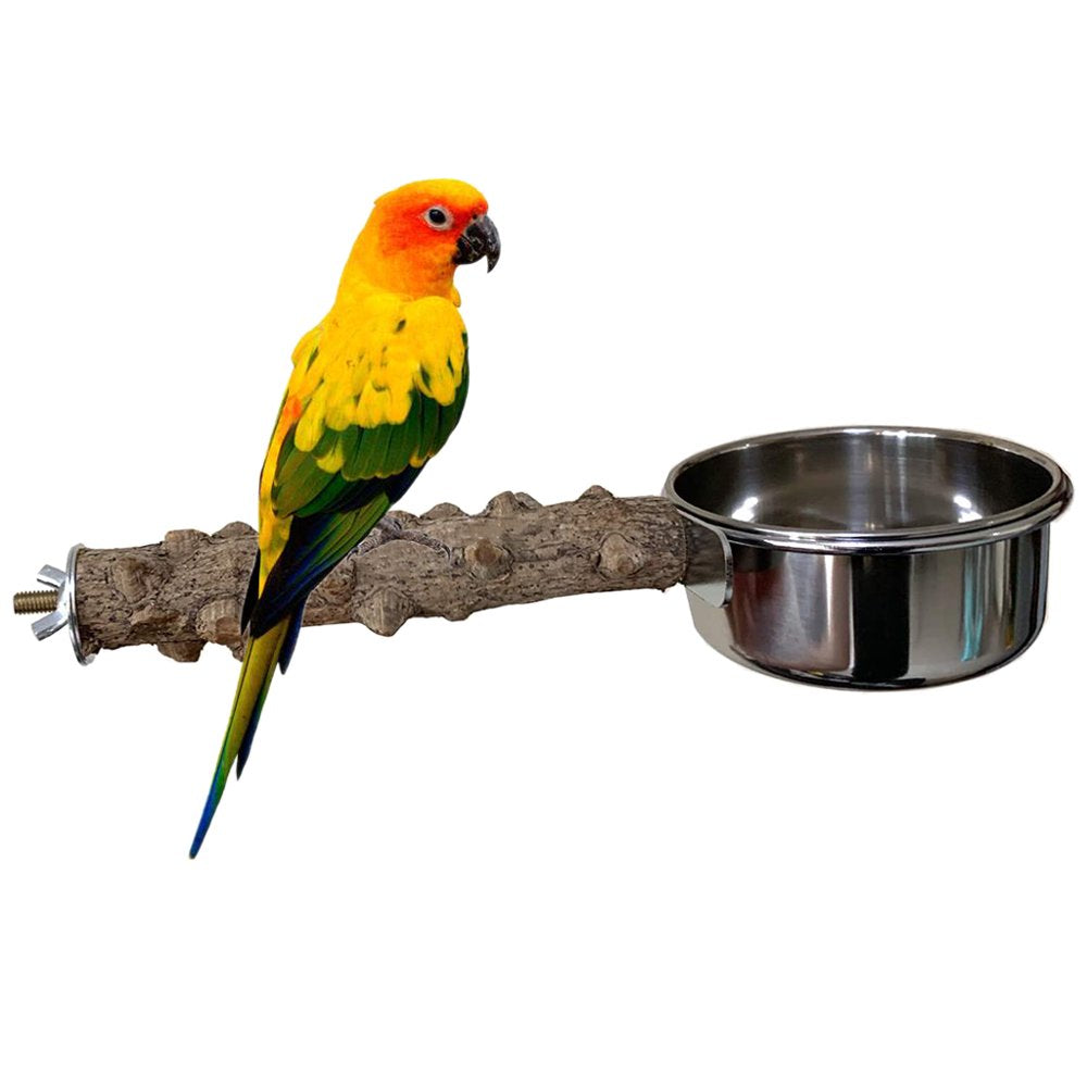 Parrot Bird Cage Perch Natural Wooden Stand Stick with Stainless Steel Food Dish Animals & Pet Supplies > Pet Supplies > Bird Supplies > Bird Cages & Stands VHUNT   