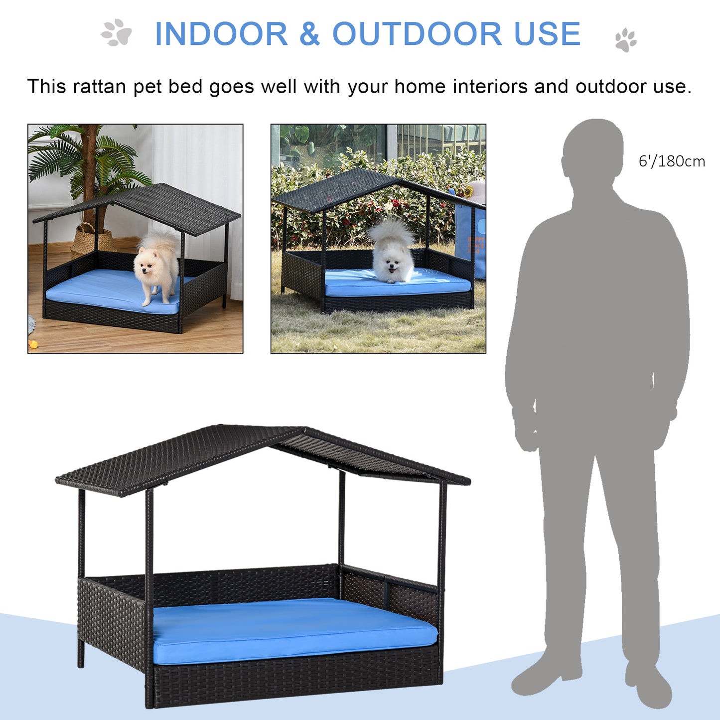 Pawhut Wicker Dog House Raised Rattan Bed for Indoor/Outdoor with Cushion Lounge, Blue Animals & Pet Supplies > Pet Supplies > Dog Supplies > Dog Houses Pawhut   