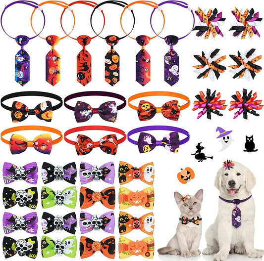 34 Pieces Halloween Dog Bow Ties Collar Set Includes 22 Dog Bowknot Hair Bows with Rubber Bands,6 Dog Neckties,6 Dog Bowties with Adjustable Dog Pet Cat Costume Accessories for Halloween Supplies Animals & Pet Supplies > Pet Supplies > Dog Supplies > Dog Apparel Frienda   