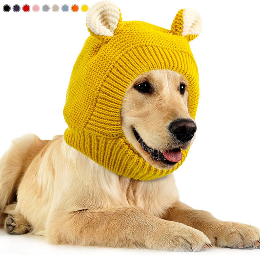 Quiet Ears for Dogs, Dog Ear Muffs Noise Protection Knitted Dog Hats Pet Ears Warm Dog Ear Cover Winter Hat Dog Snood Head Wrap Bunny Costume for Medium to Large Dogs Cats Pets (Yellow)