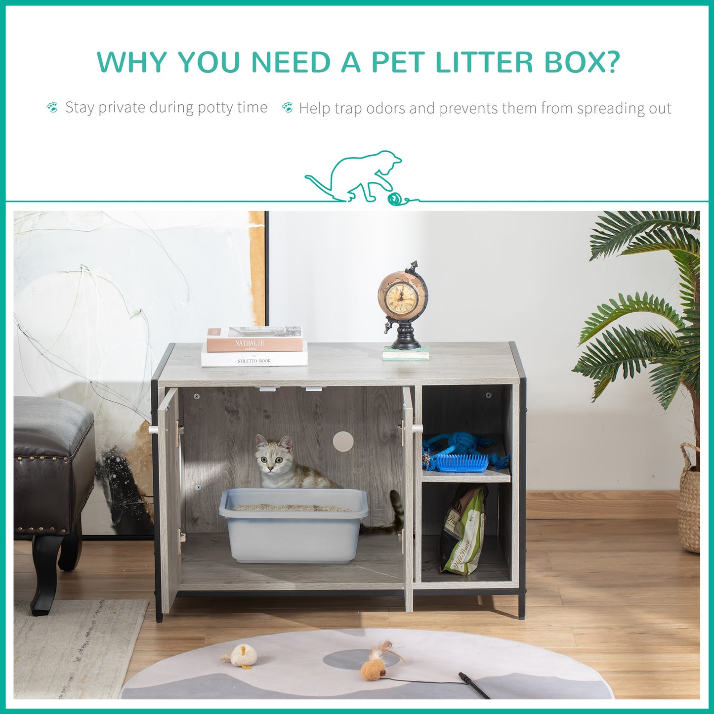 Cat Litter Box Enclosure, Hidden Adjustable Cat Furniture with Damping Hinge, Grey