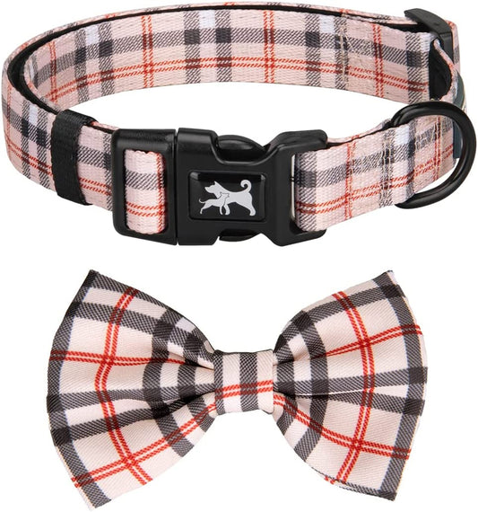 Poypet Plaid Dog Collar Bow Tie Set - Cute Adjustable Soft for Small Puppy (Checkered Beige,S) Animals & Pet Supplies > Pet Supplies > Dog Supplies > Dog Apparel PoyPet Checkered Beige Medium (Pack of 1) 