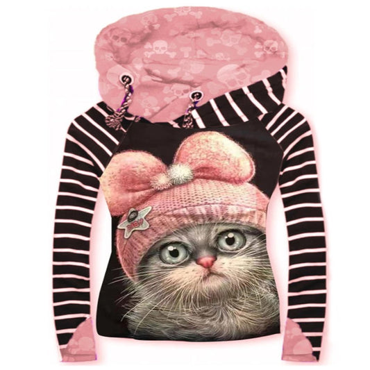 Casual Long Sleeve Striped T-Shirts for Women Cat Print Tunic Loose Hoodies Pullover Shirts Tops Ladies Fall Winter Thin Basic Tee Tops Lounge Wear Animals & Pet Supplies > Pet Supplies > Cat Supplies > Cat Apparel Avamo Pink S 
