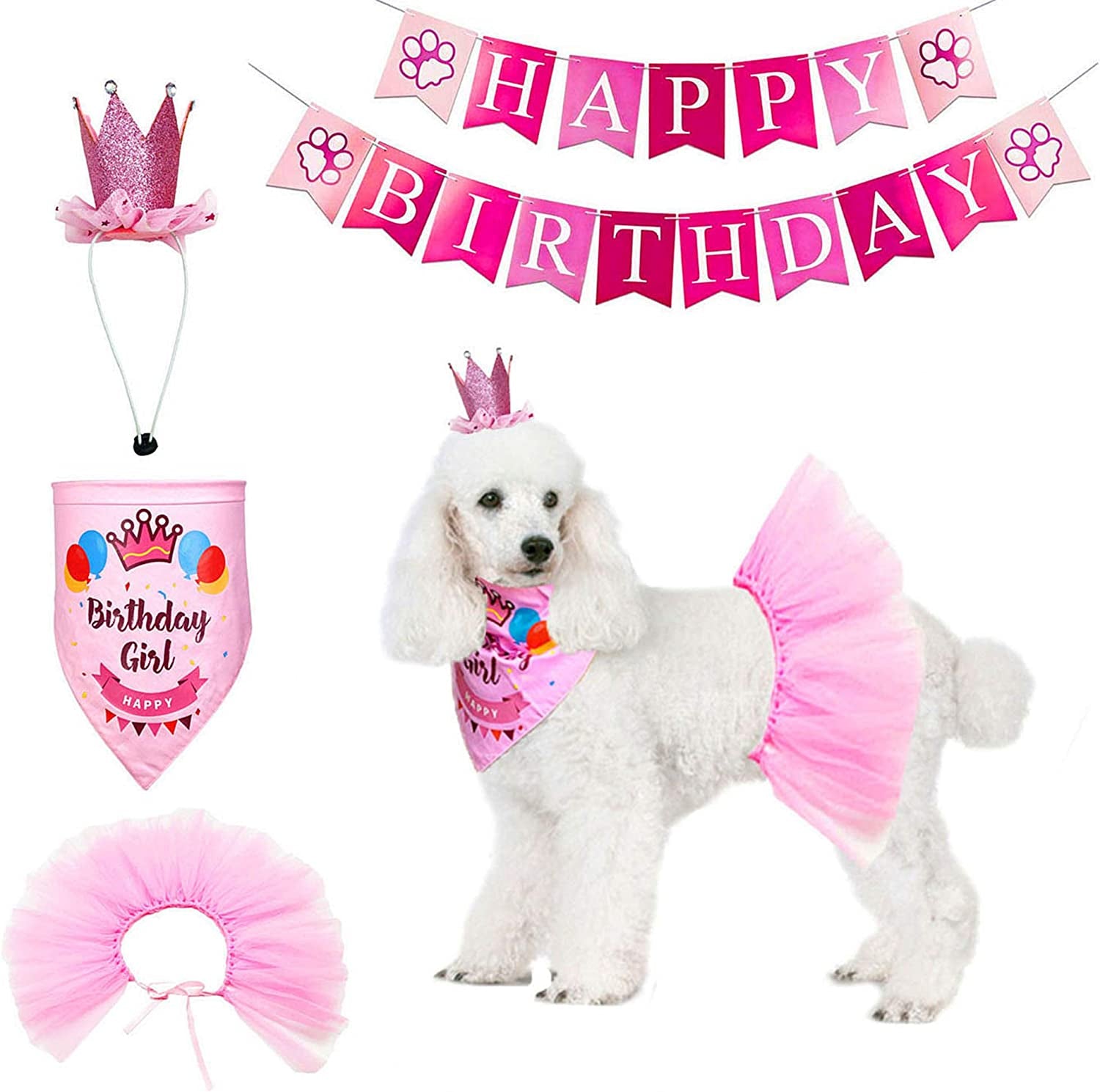 ADOGGYGO Dog Birthday Bandana Girl - Birthday Party Supplies - Pink Tutu Skirt Crown Hat Scarf Happy Birthday Banner Dog Girl Birthday Outfit for Pet Puppy Cat Girl (Pink) Animals & Pet Supplies > Pet Supplies > Dog Supplies > Dog Apparel ADOGGYGO Pink  