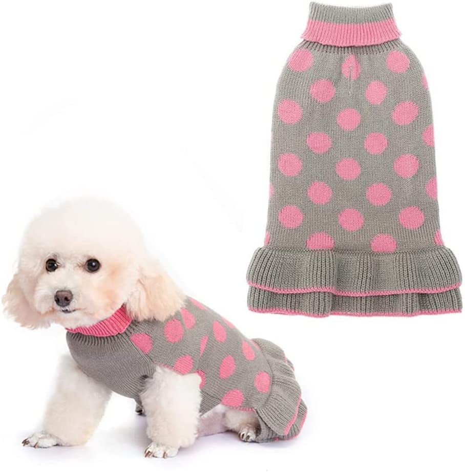 EXPAWLORER Dog Sweater for Small Dogs - Dog Winter Clothes with Leash Hole, Warm Polka Dot Turtleneck Knitwear Skirt for Puppy, Dog Winter Coat Apparel for Girl Dogs Animals & Pet Supplies > Pet Supplies > Dog Supplies > Dog Apparel EXPAWLORER Grey S 