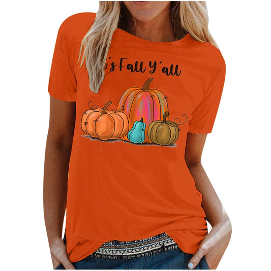 It'S Fall Y'All Women Tops Short Sleeve Pumpkin Graphic Tees Shirts 2022 round Neck Cute T-Shirt Animals & Pet Supplies > Pet Supplies > Cat Supplies > Cat Apparel BRKEWI B-Orange XL 