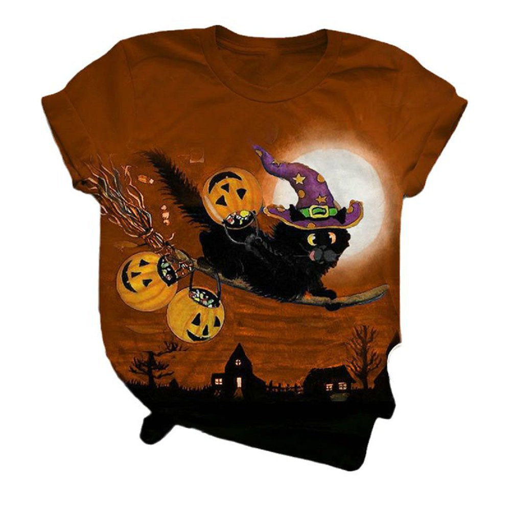 Sherrylily Women Halloween Fall T Shirts Pumpkin Lantern Cat Witch Print Tops Animals & Pet Supplies > Pet Supplies > Cat Supplies > Cat Apparel Sherrylily Yellow Black 2XL 