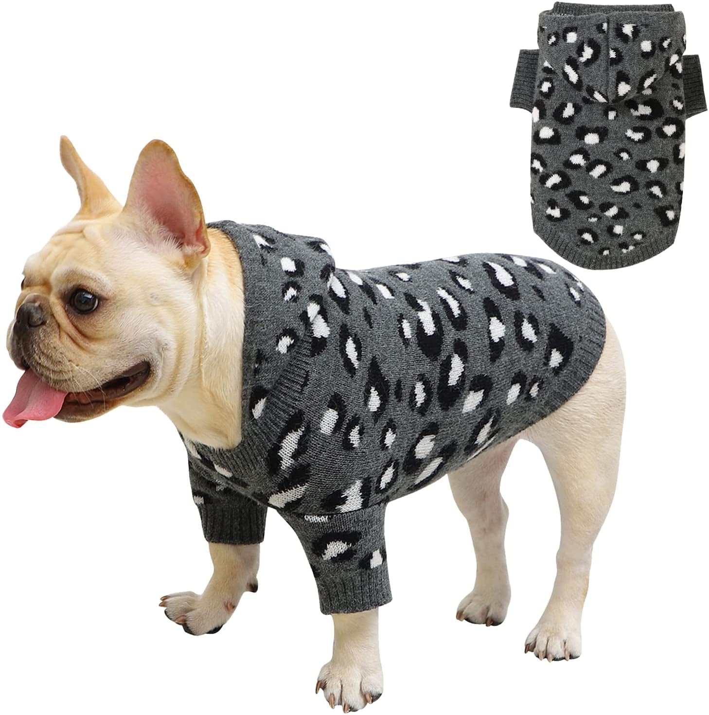 Fyzeg Dog Sweater Leopard Pattern Dog Hoodie Knitwear Sweater with Hat Winter Warm Pet Clothes of Kitten Puppy (Gray, Medium) Animals & Pet Supplies > Pet Supplies > Dog Supplies > Dog Apparel Fyzeg Gray Large 