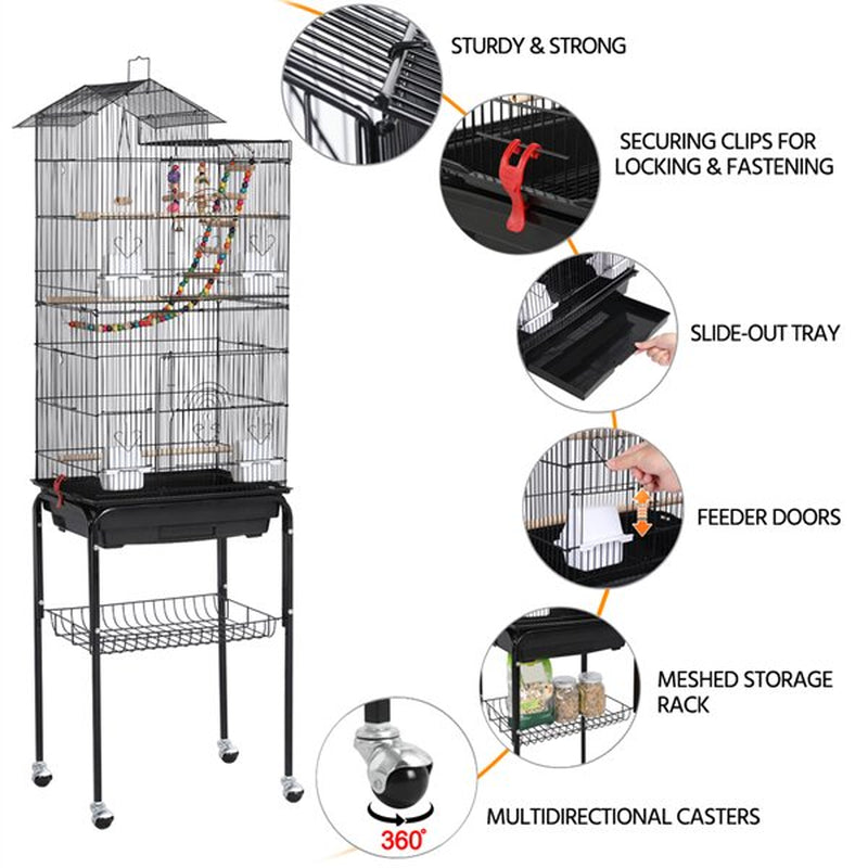 Topeakmart 62.4'' H Rolling Metal Bird Cage with Detachable Stand & Toys, Black Animals & Pet Supplies > Pet Supplies > Bird Supplies > Bird Cages & Stands Topeakmart   