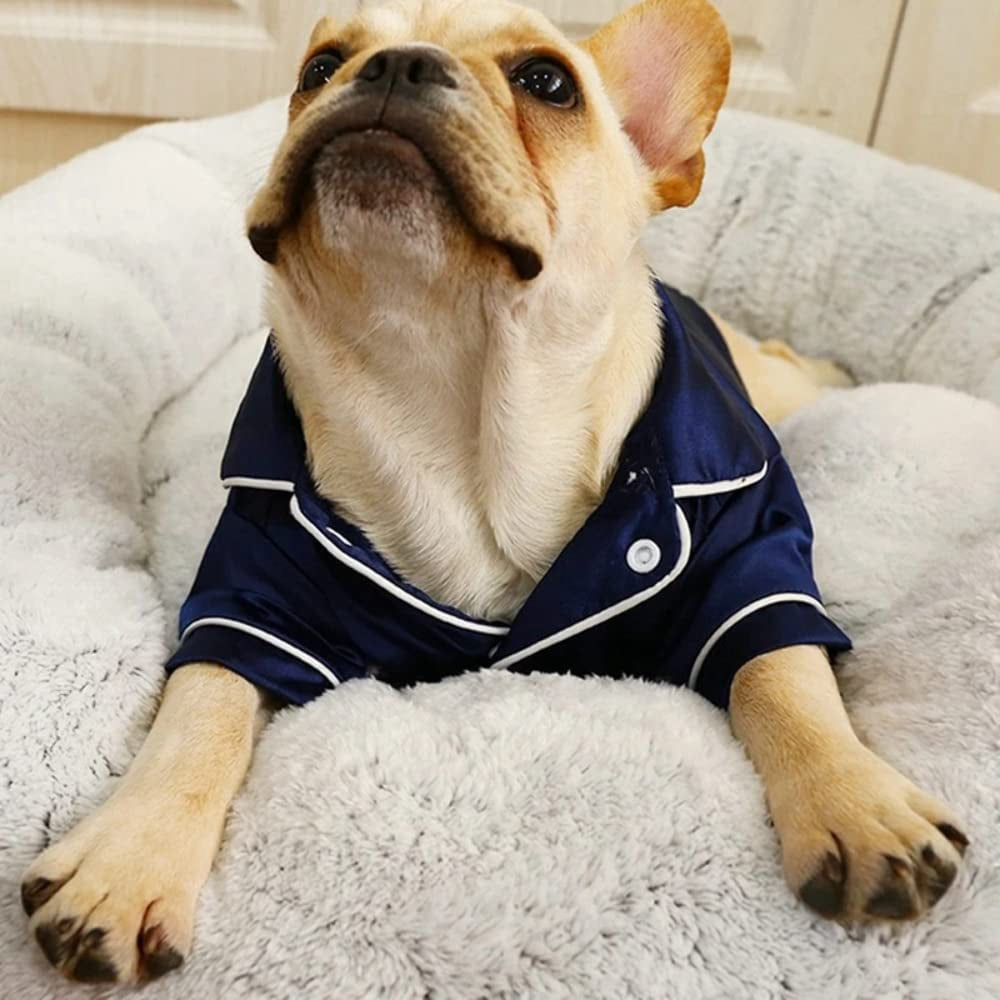 Wannatu Dog Pajamas for Small Dogs Cats Silk Soft Shirts Loungewear Lapel Two-Legged Sleepwear Shirt for All Season （Navy Blue，S） Animals & Pet Supplies > Pet Supplies > Dog Supplies > Dog Apparel WannaTu   