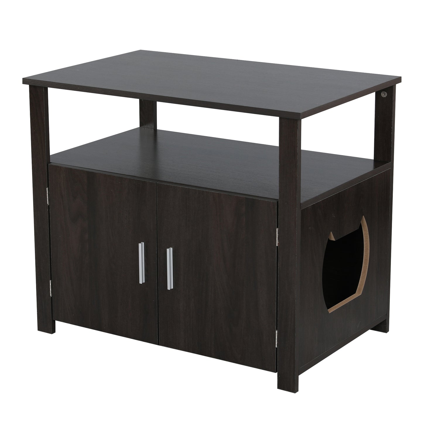 Aukfa Wooden Cat Litter Box Enclosure with Wide Tabletop, Indoor Hidden Pet Crate Cat House Bench Furniture