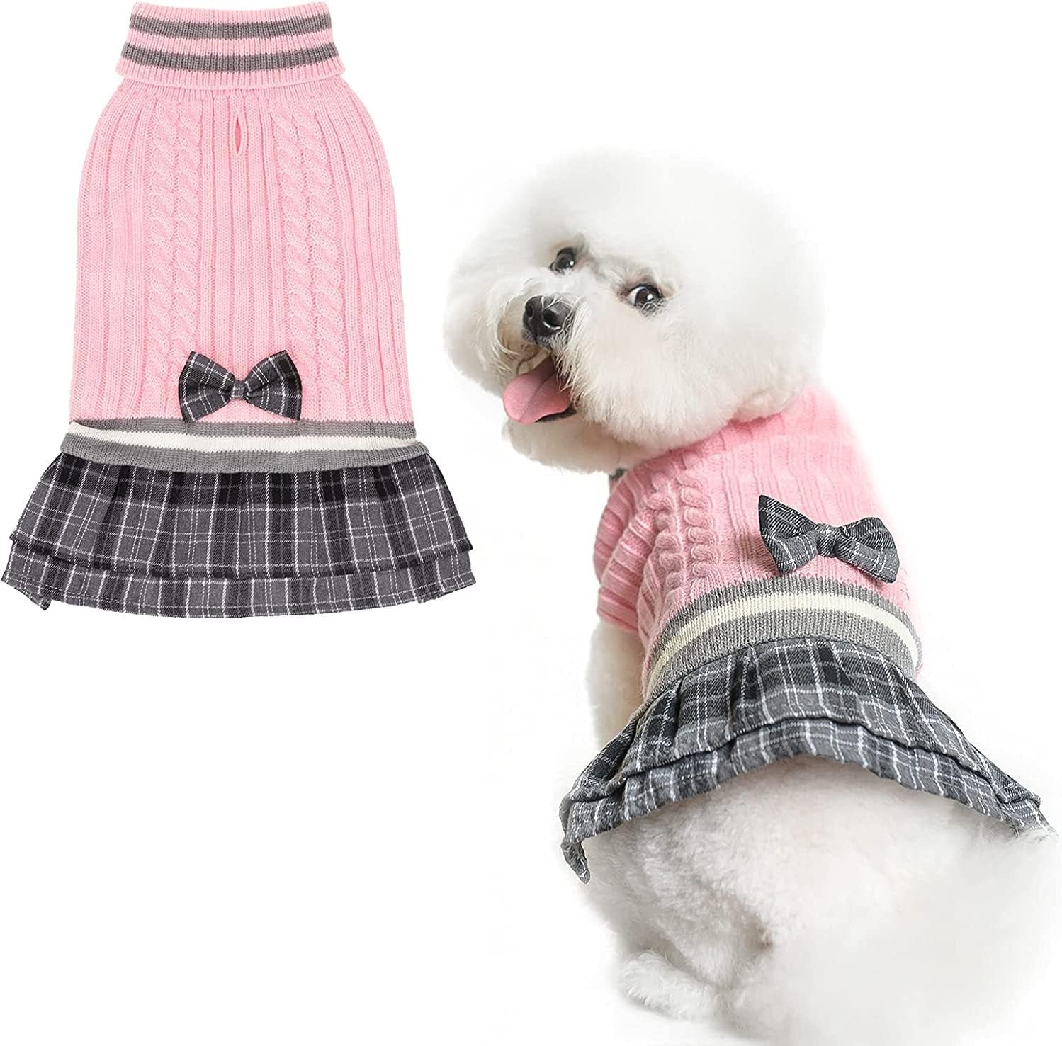 PAWCHIE Dog Sweater Dress Dress with Bowtie - Dog Turtleneck Pullover Knitwear for Small Dogs Girls Cold Weather Sweater with Leash Hole, Suitable for Small Medium Dogs Puppies Animals & Pet Supplies > Pet Supplies > Dog Supplies > Dog Apparel PAWCHIE Pink X-Small 