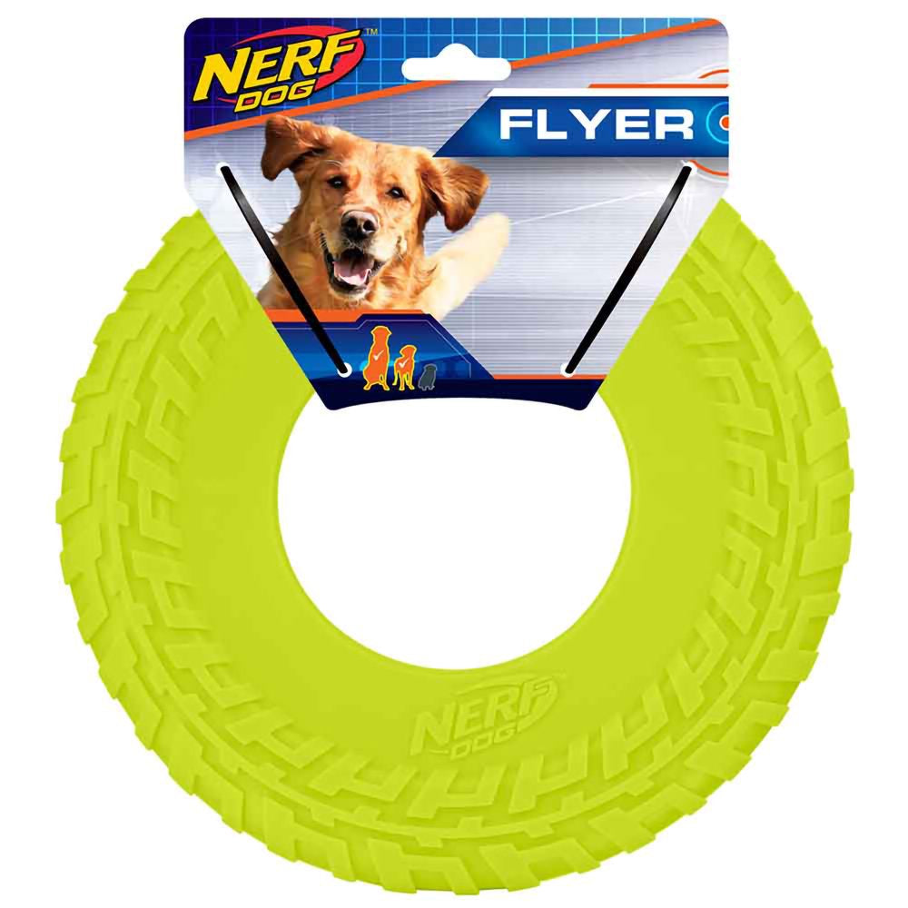 Nerf Dog 10" Green Tire Flyer Dog Toy - Durable TPR, Lightweight, Floating Frisbee Flyer