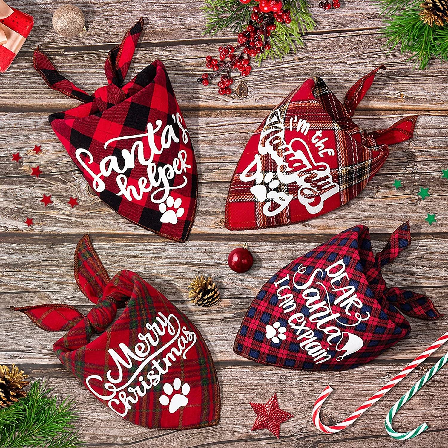 4 Pack Dog Birthday Bandanas - Classic Triangle Merry Christmas Printing Plaid Fall Xmas Pet Scarf Bibs Kerchief Gifts Set - Pet Holiday Accessories Decoration for Small to Large Puppy Dogs Cats Animals & Pet Supplies > Pet Supplies > Dog Supplies > Dog Apparel Remifa   