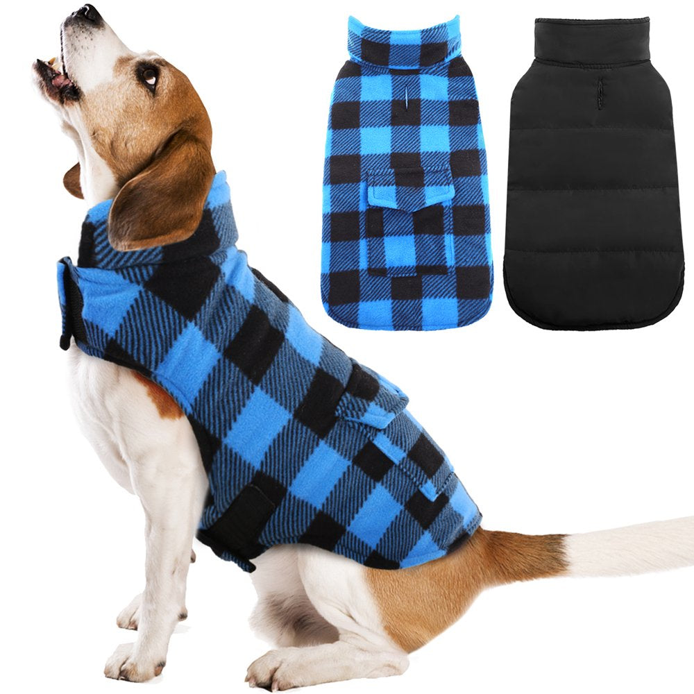 Kuoser British Style Plaid Dog Winter Coat, Windproof Cozy Cold Weather Dog Coat Dog Apparel Dog Jacket Dog Vest for Small Medium and Large Dogs with Pocket & Leash Hook XS-3XL Animals & Pet Supplies > Pet Supplies > Dog Supplies > Dog Apparel Kuoser XL Blue 