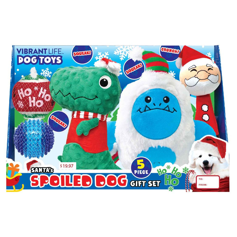 Vibrant Life Santa'S Spoiled Dog Toy 5-Piece Gift Set for Christmas, Five Fetch & Squeak Dog Toys - Blue Animals & Pet Supplies > Pet Supplies > Dog Supplies > Dog Toys Little Gifts Inc.   