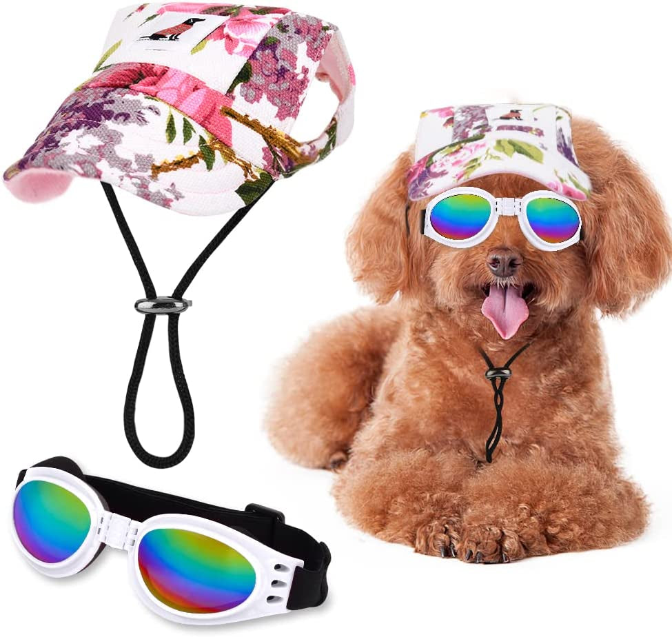 Sebaoyu Dog Hat and Sunglasses Summer Dog Baseball Cap Pet Puppy Visor Hats Sunbonnet Outfit with Ear Holes Doggy Cat Goggles for Small Medium Breed (Sky Blue, Small) Animals & Pet Supplies > Pet Supplies > Dog Supplies > Dog Apparel Sebaoyu Flower Small 