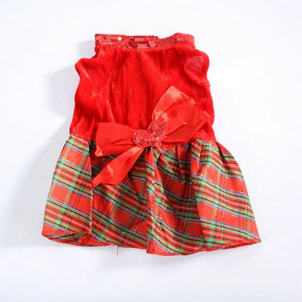 Clearance Dog Cat Dresses Christmas Princess Party Red Sequins Dress Clothes Pet Dog Plaid Bow Apparel