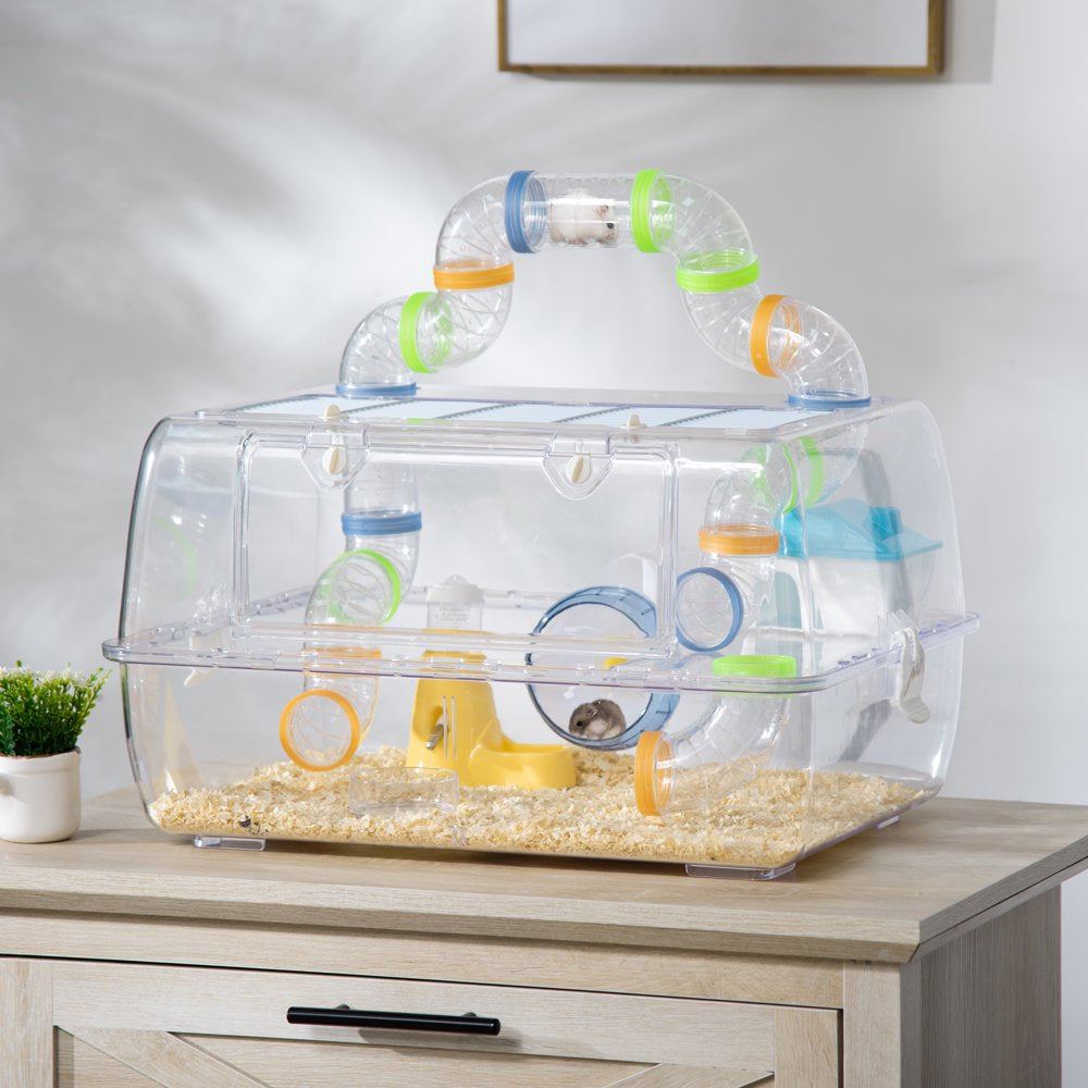 Pawhut Hamster Cage, 2-Level Small Animal Habitat with Accessories Tube Tunnels, Exercise Wheel, Water Bottle, Food Dish, Hut, 22" X 15" X 12.5", Clear Animals & Pet Supplies > Pet Supplies > Small Animal Supplies > Small Animal Habitats & Cages Aosom LLC   