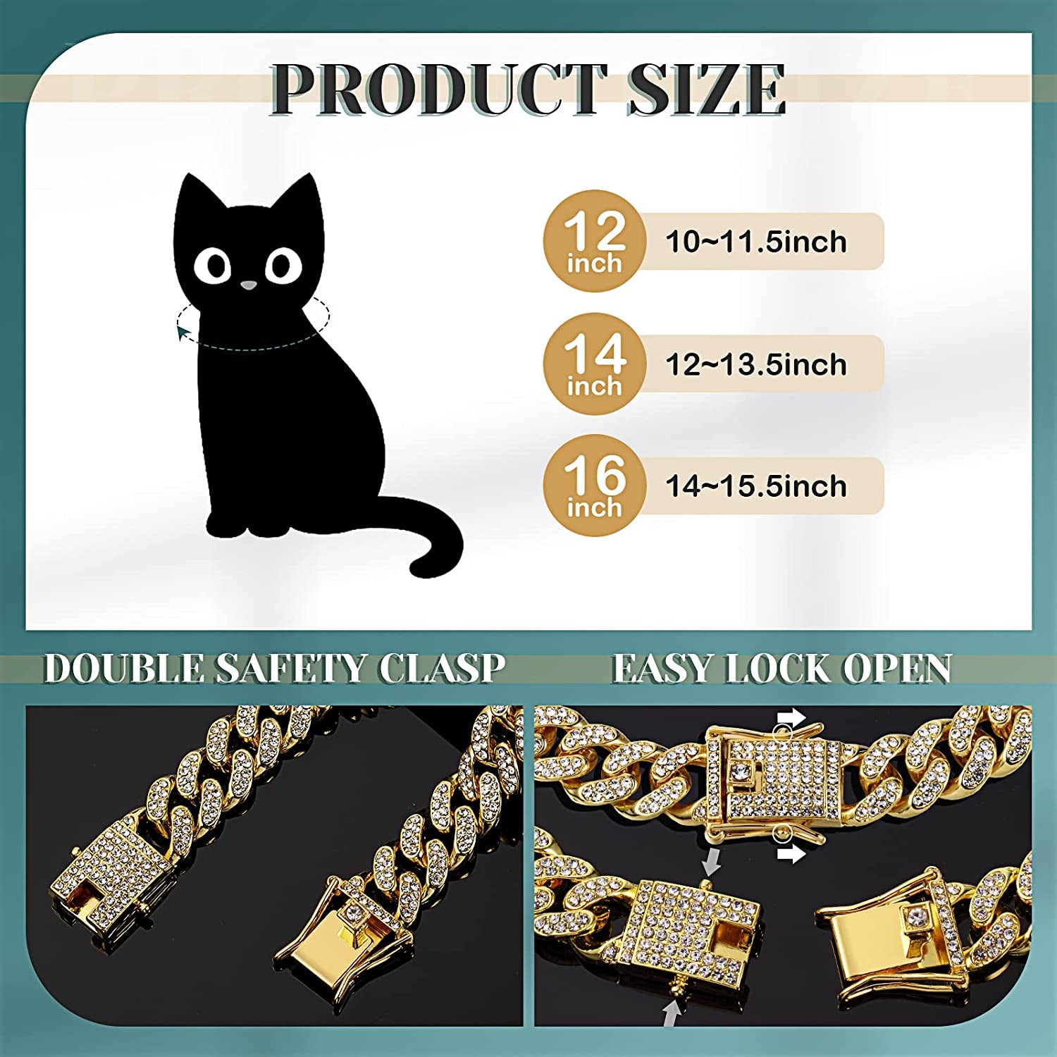 Xuniea 2 Pieces Gold Cat Dog Chain Collar and Sunglasses Set Rhinestone Cuban with Design Secure Buckle Retro round Glasses for Dogs Cats Party Cosplay Costumes Funny Photo Props (16 Inch) Animals & Pet Supplies > Pet Supplies > Dog Supplies > Dog Apparel Xuniea   