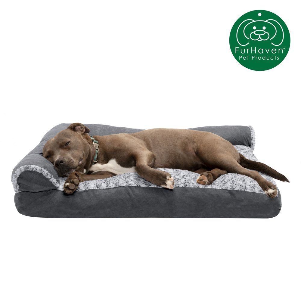 Furhaven Pet Products | Faux Fur & Suede Chaise Lounge Pillow Sofa-Style Pet Bed for Dogs & Cats, Espresso, Jumbo Animals & Pet Supplies > Pet Supplies > Cat Supplies > Cat Beds FurHaven Pet L Stone Gray 
