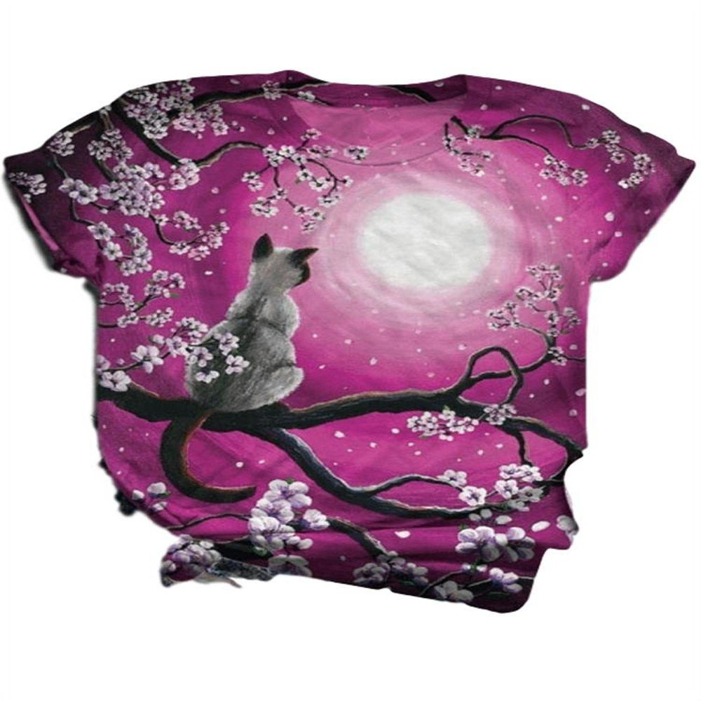 NGMQ Funny Cat Print Women Short Sleeve plus Size T-Shirt Animals & Pet Supplies > Pet Supplies > Cat Supplies > Cat Apparel NGMQ Rose-red XL 