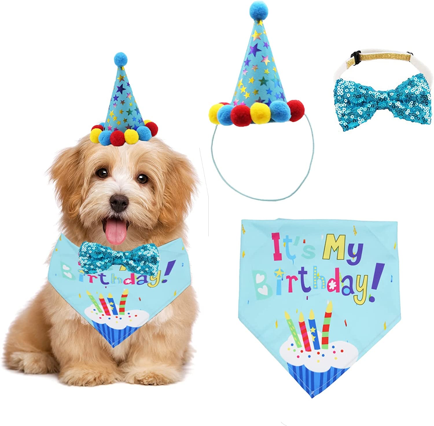 ADOGGYGO Dog Birthday Bandana Scarf and Dog Girl Boy Birthday Party Hat with Cute Dog Bow Tie for Small Medium Large Dog Pet (Large, Blue) Animals & Pet Supplies > Pet Supplies > Dog Supplies > Dog Apparel ADOGGYGO Blue Small 