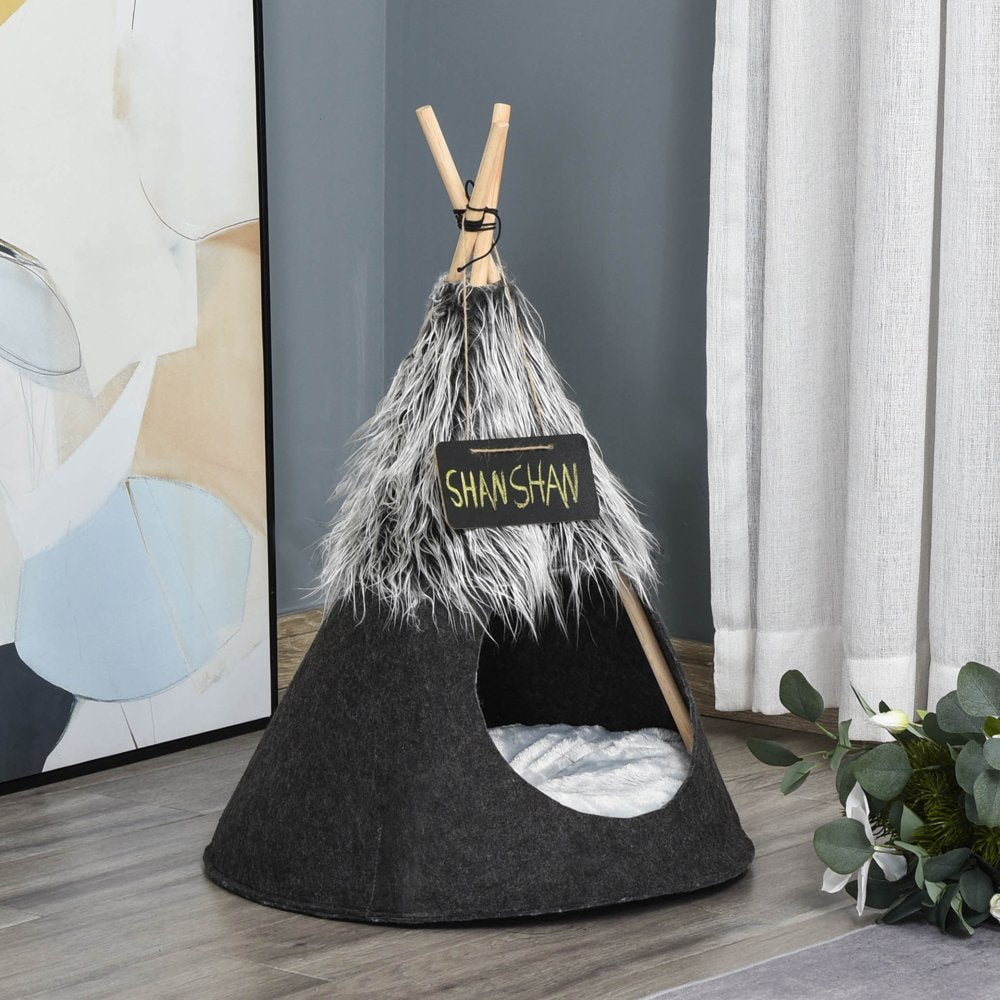 Pawhut Pet Teepee Tent Cat Bed Dog House with Thick Cushion Chalkboard for Kitten and Puppy up to 13Lbs 28Inch Grey Animals & Pet Supplies > Pet Supplies > Cat Supplies > Cat Beds Pawhut   